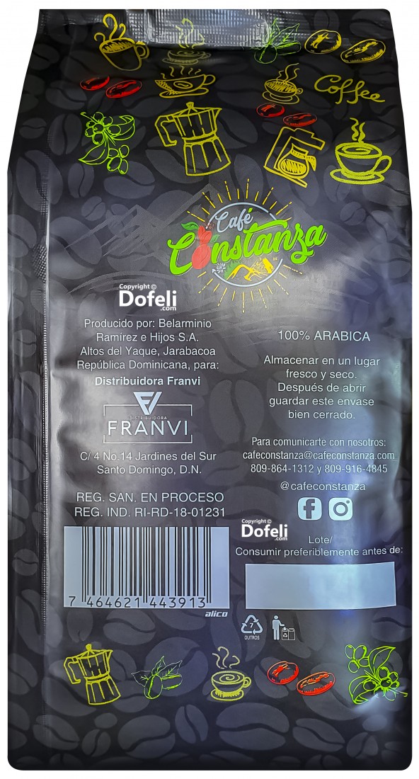 Ground coffee made with Arabica beans from Constanza, Dominican Republic, artisan and full-bodied.